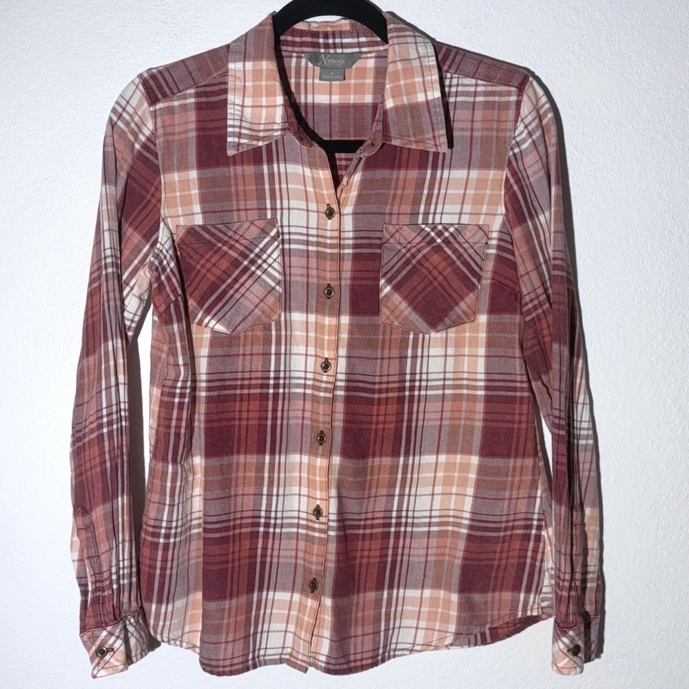 Natural Reflections Womens Small Plaid Button Down Shirt Burgundy Peach Cotton